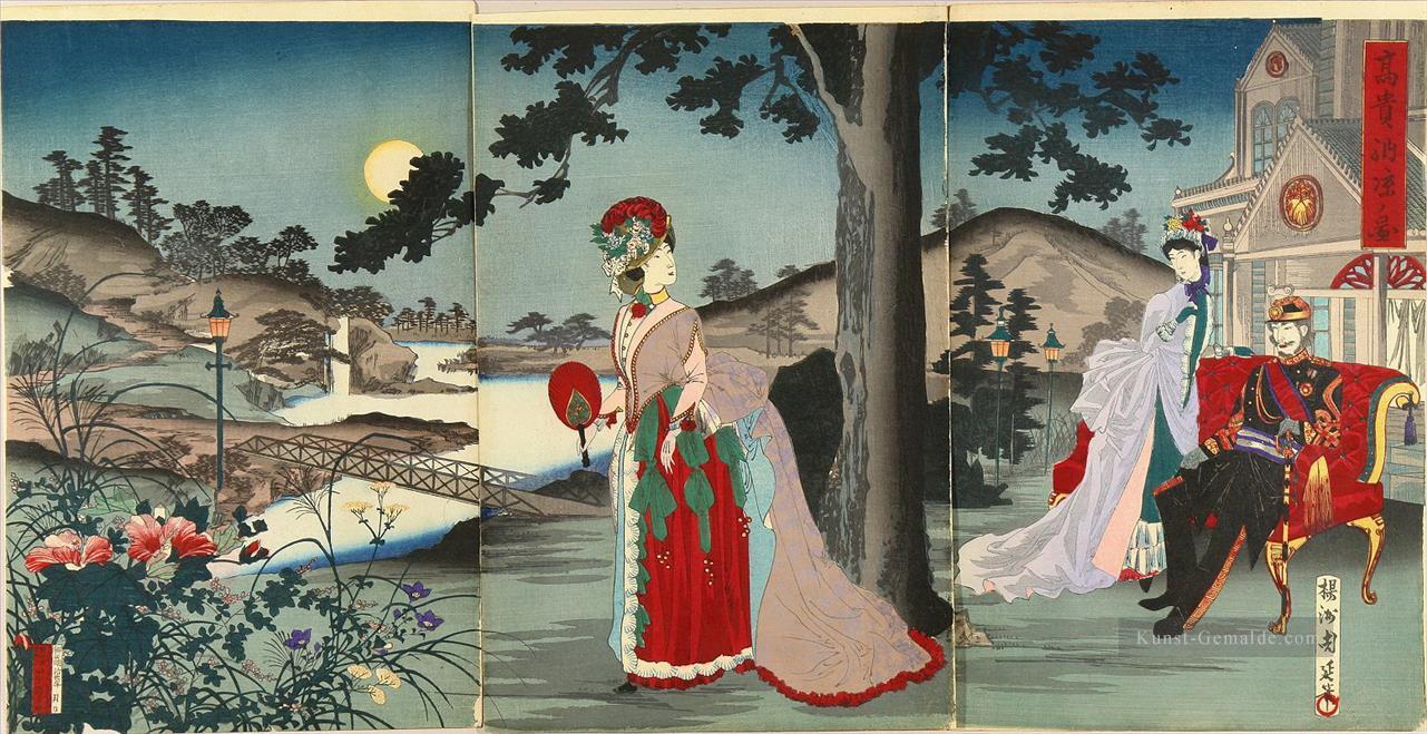 Der Kaiser genießt den kühlen Abend Toyohara Chikanobu Japanisch Ölgemälde